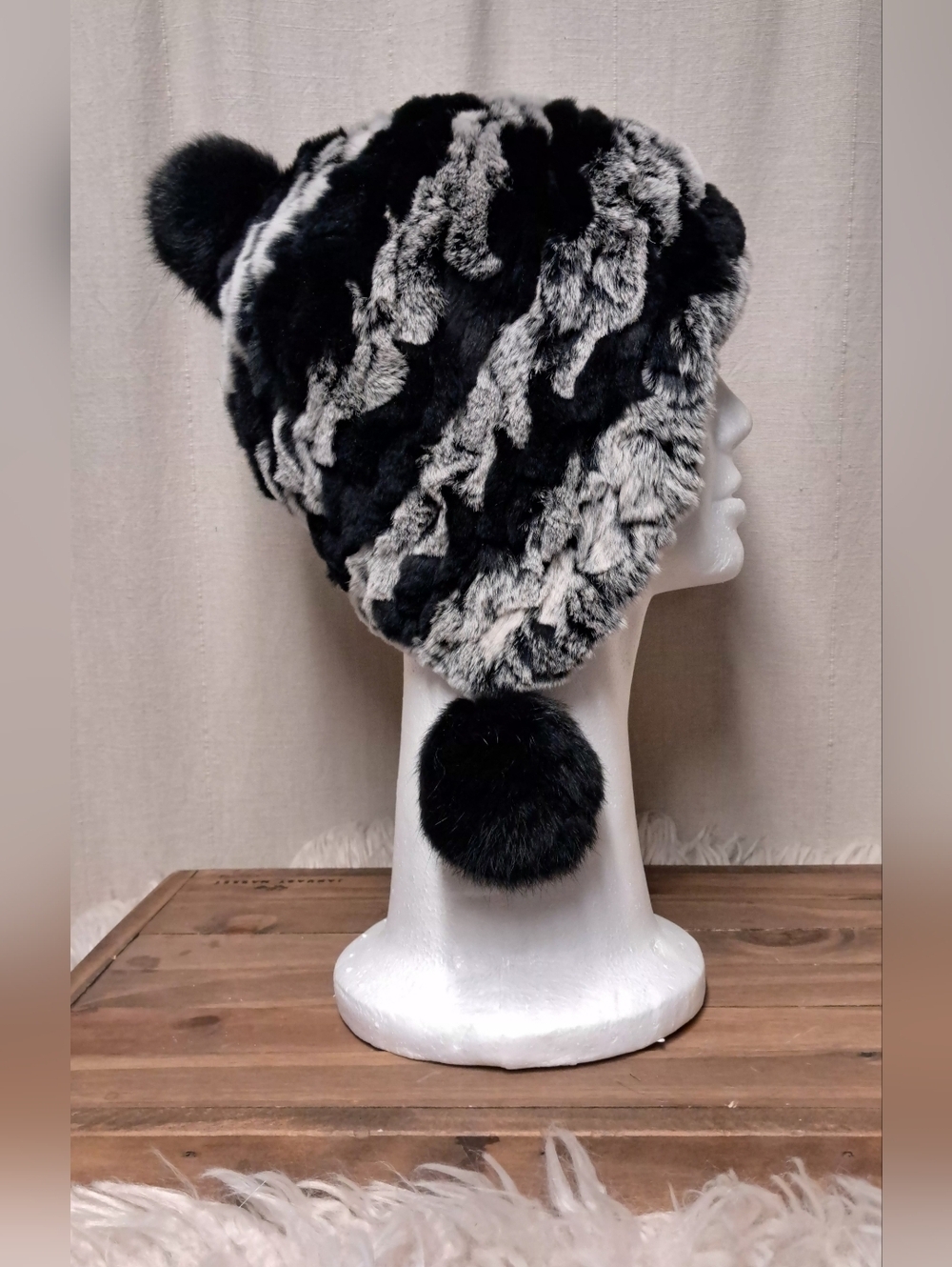 Chinchilla- Patterned Rex Rabbit Fur Beanie With Pom Poms OS - Picture 2 of 5